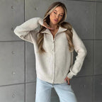 Damen Pullover mit hochschließendem Reißverschluss und strukturiertem Maschenmuster R&B