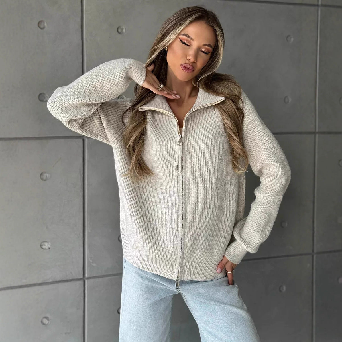 Damen Pullover mit hochschließendem Reißverschluss und strukturiertem Maschenmuster R&B