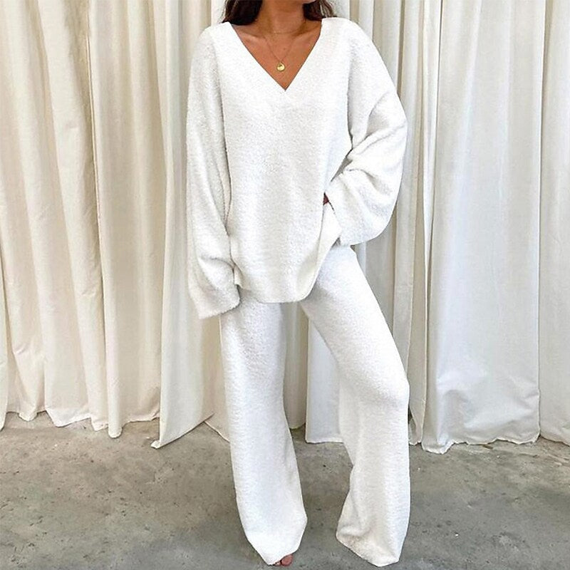 Damen Bequemes Fleece-Loungewear-Set mit V-Ausschnitt R&B