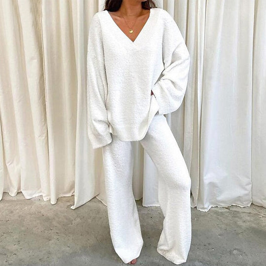 Damen Bequemes Fleece-Loungewear-Set mit V-Ausschnitt R&B