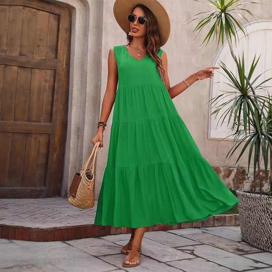 Damen Elegantes Sommer-Maxi-Kleid mit voluminösem Rock und V-Ausschnitt R&B