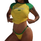 Damen sportliches Set mit modischem T-Shirt und tief geschnittenem Unterteil R&B