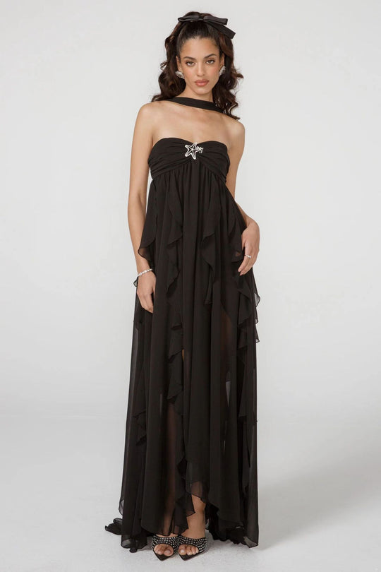 Damen Elegantes Maxi-Kleid mit asymmetrischem Saum und zarten Rüschendetails R&B