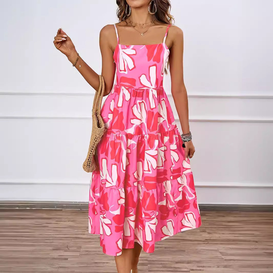 Damen Midi Kleid mit fließendem Rock und verspieltem Blattmuster R&B