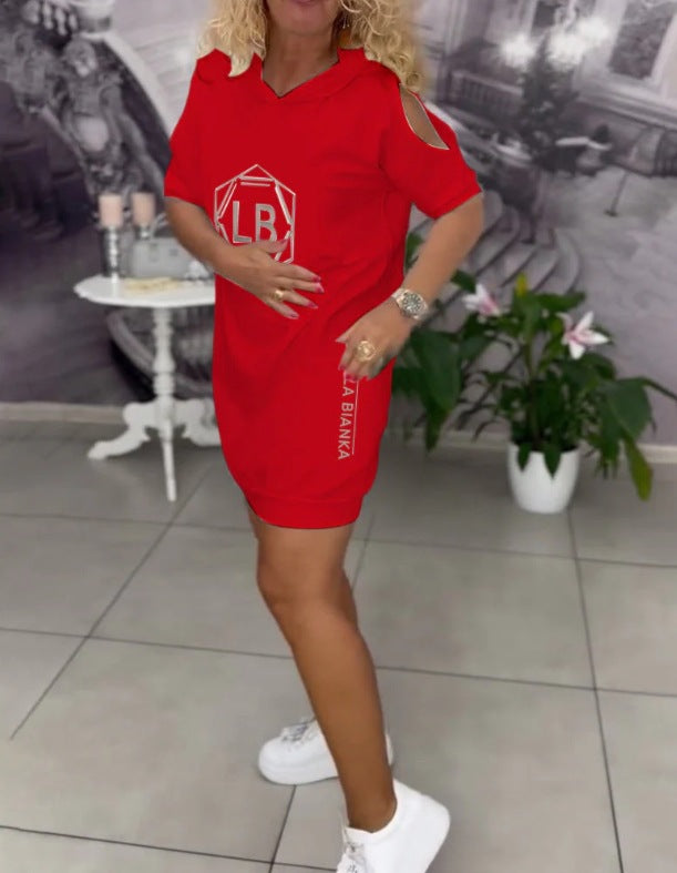 Damen nan sportliches Kapuzen-Tunika-Kleid mit Schulterauschnitten und Logoprint R&B