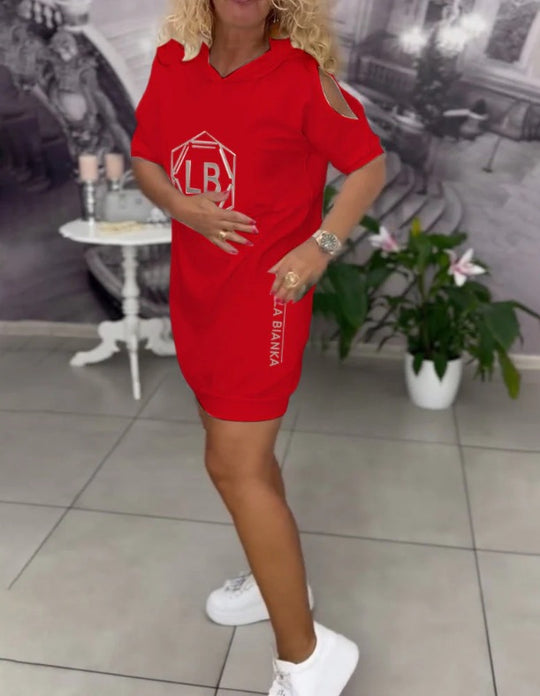 Damen nan sportliches Kapuzen-Tunika-Kleid mit Schulterauschnitten und Logoprint R&B