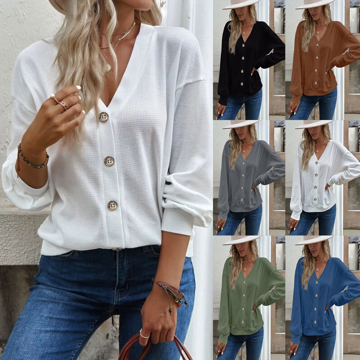 Damen Waffelstruktur Oversized Cardigan mit Knopfdetails R&B