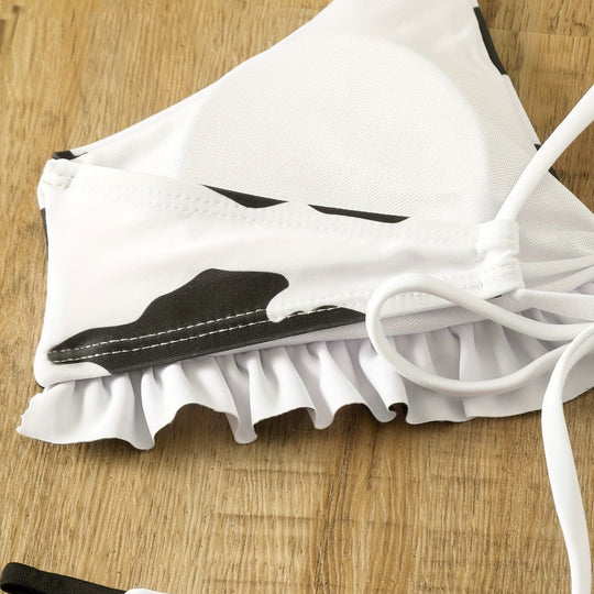 Damen Triangel-Bikini mit franjendetail und verspieltem Kuhmuster R&B