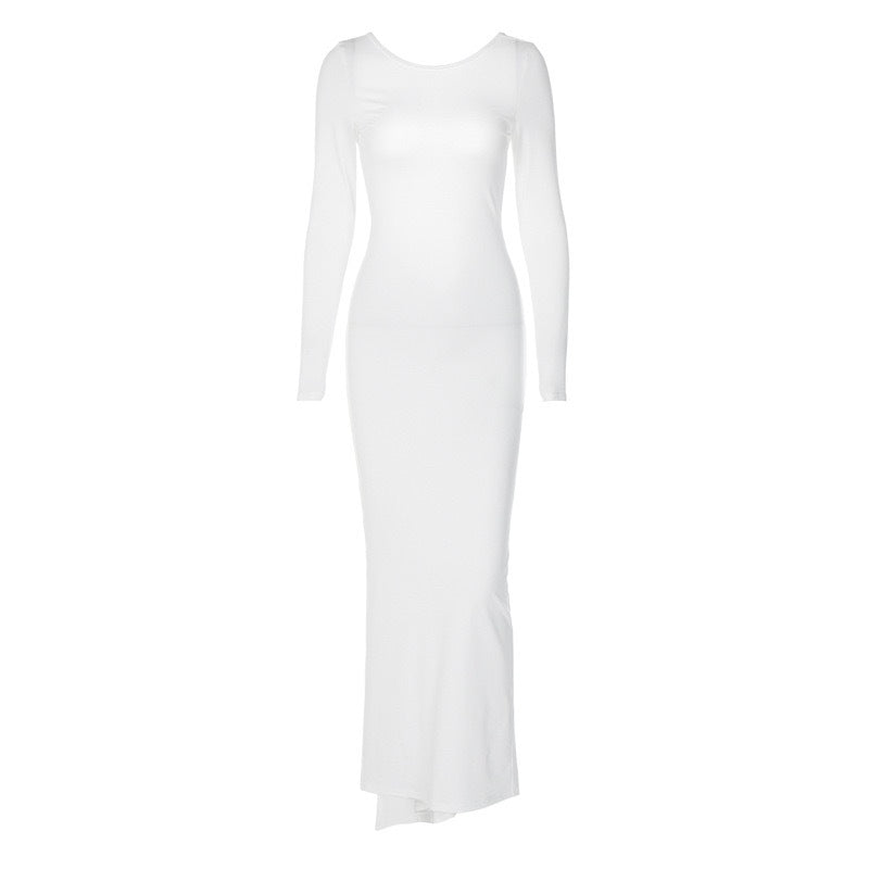 Damen Elegantes figurbetontes Maxikleid mit langen Ärmeln und Rundhalsausschnitt R&B