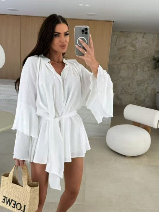 Damen luftige Strandbluse mit voluminösen Ärmeln und Taillengürtel R&B