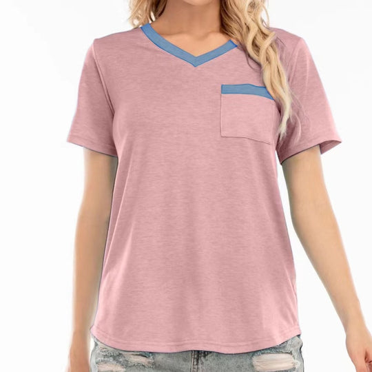 Damen V-Ausschnitt T-Shirt mit Brusttasche und kontrastierendem Kragen R&B