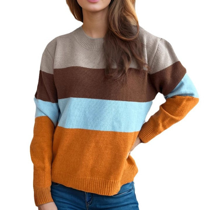 Damen lockerer Strickpullover mit buntem Streifenmuster R&B