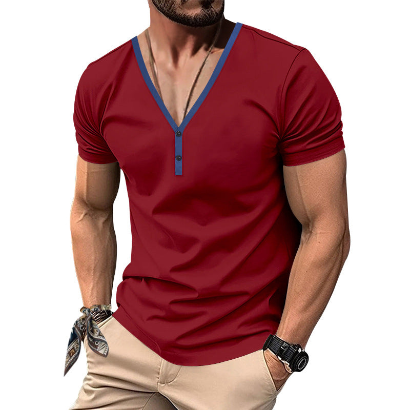 Herren Kurzarm Henley-T-Shirt mit V-Ausschnitt und Knopfdetail R&B
