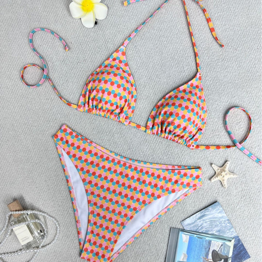 Damen Triangel-Bikini mit buntem Punktedesign und verstellbaren Bändern R&B