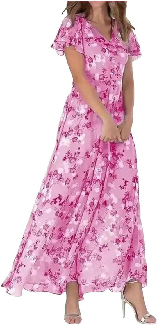 Damen Maxikleid mit floralem Chiffon-Stoff und transparenten Ärmeln R&B
