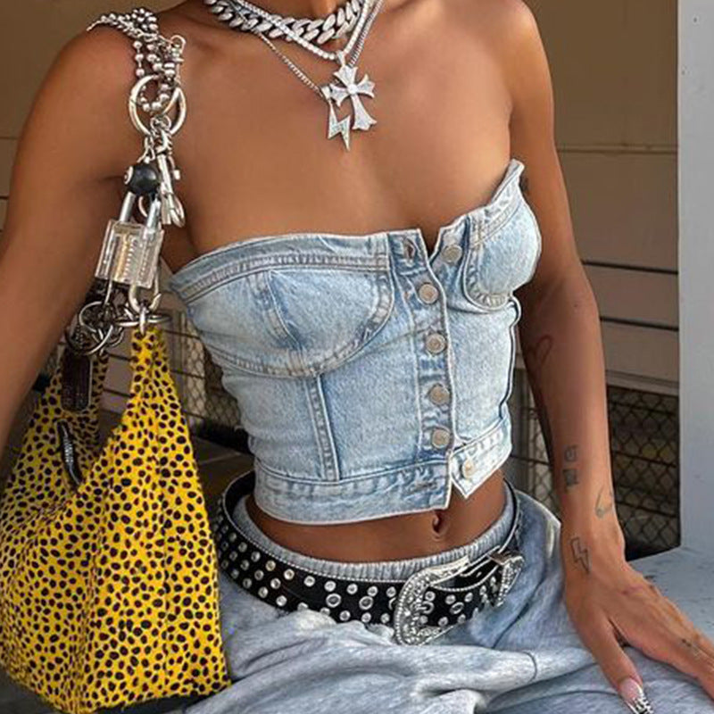 Damen Denim-Crop-Top mit gestricktem Überwurf R&B