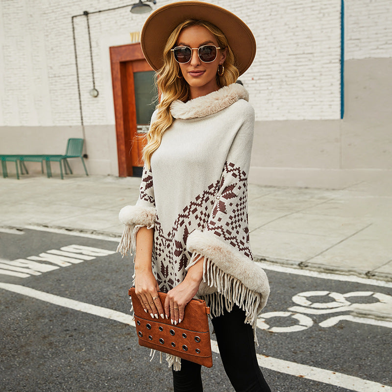 Damen eleganter Poncho mit dekorativem Fransen-Design und Kunstfellbesatz R&B