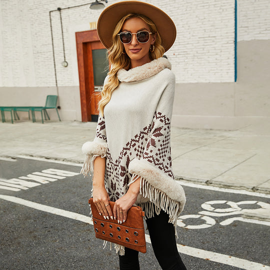 Damen eleganter Poncho mit dekorativem Fransen-Design und Kunstfellbesatz R&B
