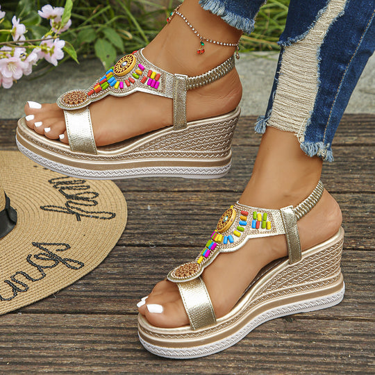 Damen Wedge-Sandalen mit buntem Perlen-Design R&B