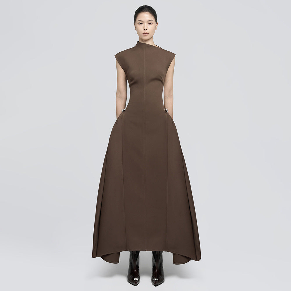 Damen elegantes bodenlanges Kleid mit außergewöhnlichem Kragen und innovativer Silhouette R&B