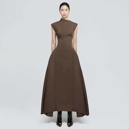 Damen elegantes bodenlanges Kleid mit außergewöhnlichem Kragen und innovativer Silhouette R&B