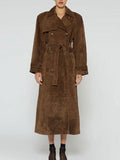 Damen eleganter und taillierter Wildleder-Trenchcoat mit Gürtel R&B