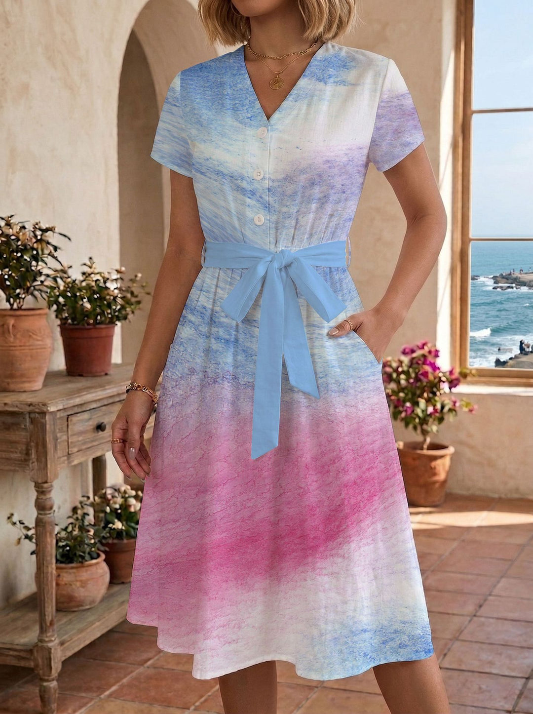 Damen Sommerliches Kleid mit taillierbarem Bindegürtel und floralem Muster R&B