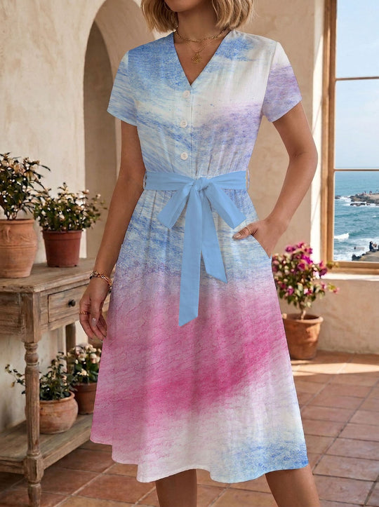 Damen Sommerliches Kleid mit taillierbarem Bindegürtel und floralem Muster R&B