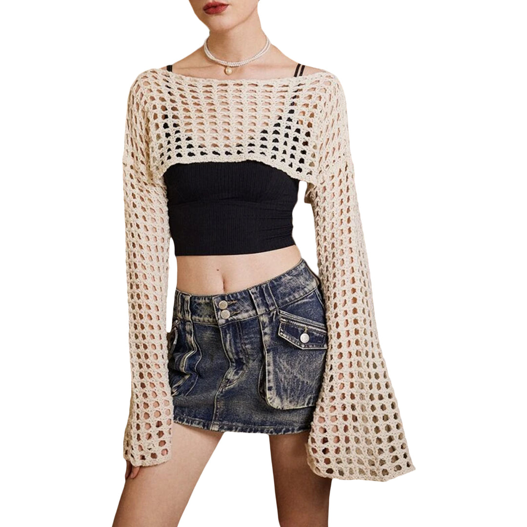 Damen luftiges gehäkeltes Crop-Top mit langen Ärmeln R&B