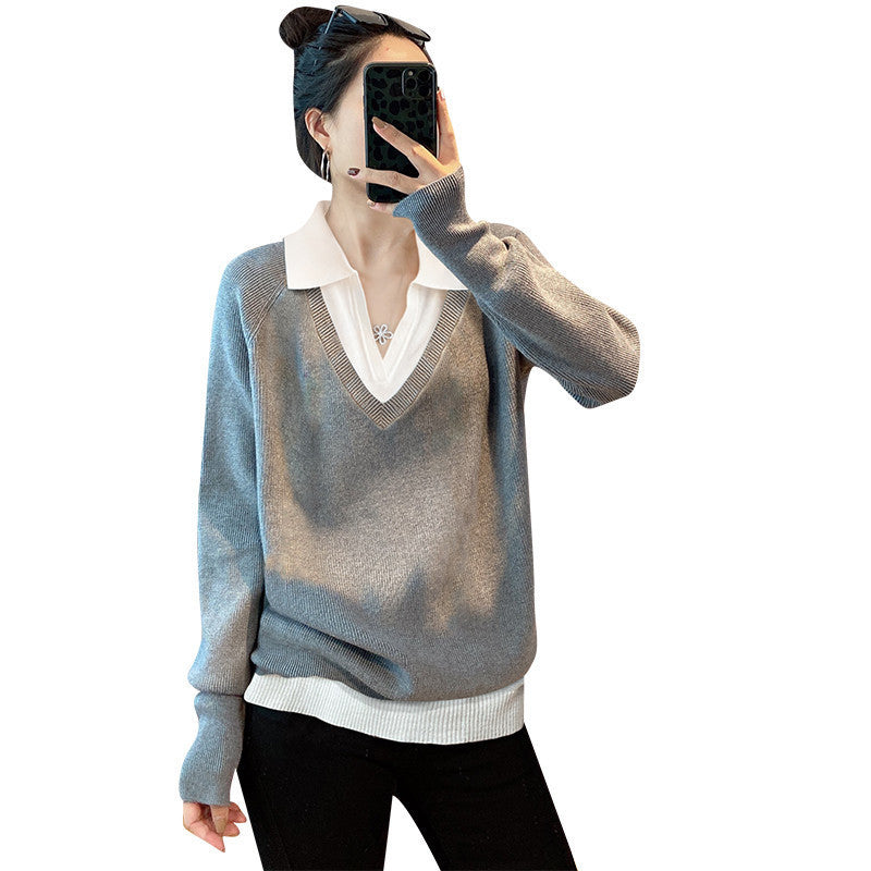 Damen V-Ausschnitt Pullover im Layering-Stil mit kragen R&B