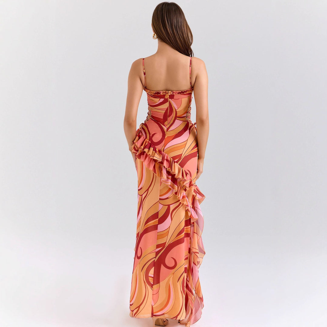 Damen Maxi-Kleid mit Rüschendetails und fließendem Muster R&B