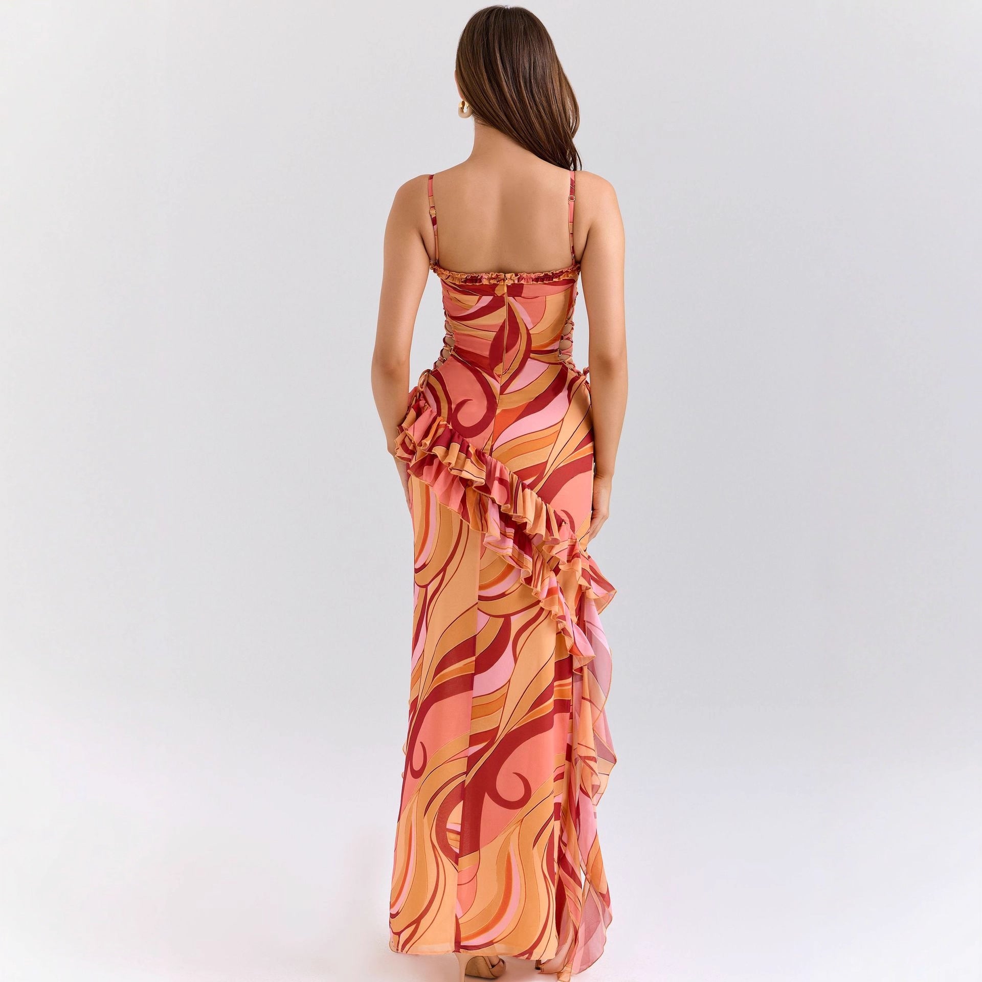 Damen Maxi-Kleid mit Rüschendetails und fließendem Muster R&B