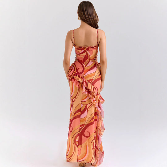 Damen Maxi-Kleid mit Rüschendetails und fließendem Muster R&B