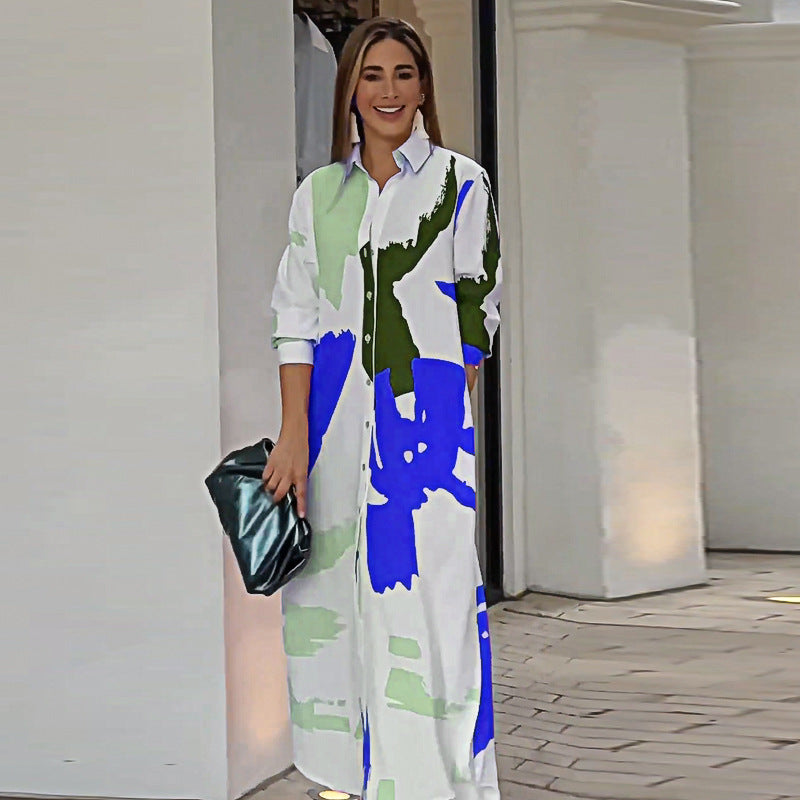 Damen Langarm Hemdkleid im modernen Grafikdesign mit Taschen R&B