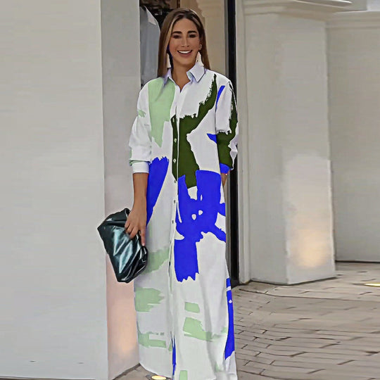 Damen Langarm Hemdkleid im modernen Grafikdesign mit Taschen R&B