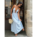 Damen Maxi-Kleid mit tiefem V-Ausschnitt und raffiniertem Streifenmuster R&B