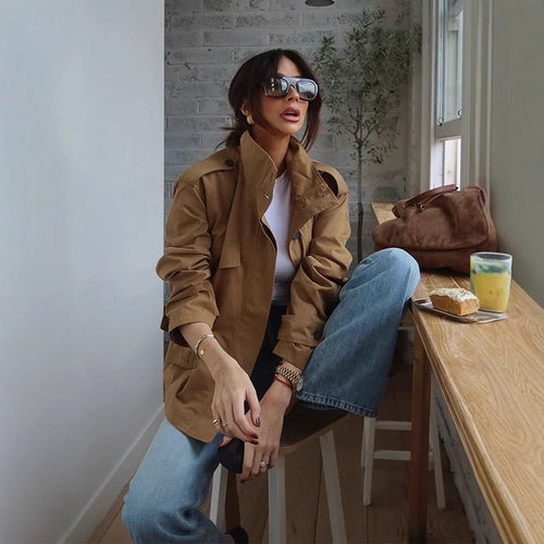 Damen Utility-Jacke mit hohem Kragen und praktischen Taschen R&B