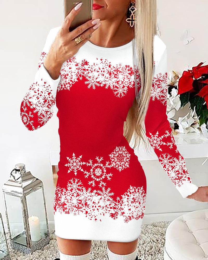 Damen festliches Langarmkleid mit Schneeflockenmotiv