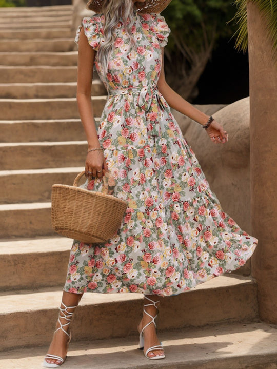 Damen Floral Maxikleid mit Taillengürtel und voluminösen Ärmeln R&B