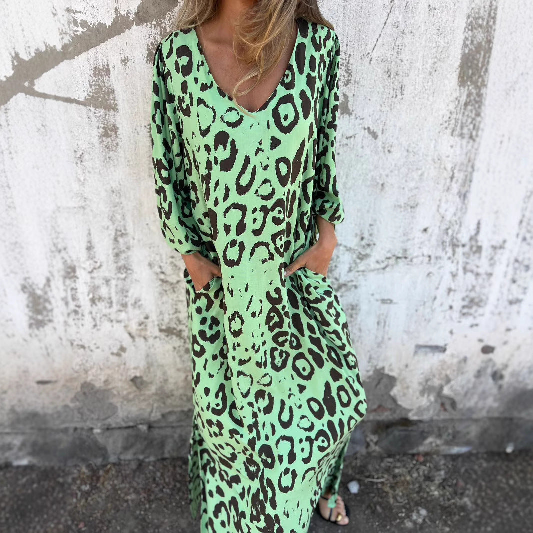 Damen Langarm Maxikleid mit Animal-Print und praktischen Taschen R&B
