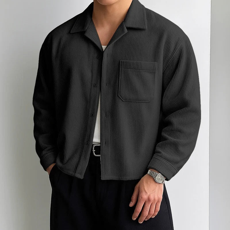 Herren nan geripptes Langarm-Hemd mit Reverskragen, Brusttasche und entspanntem Schnitt R&B