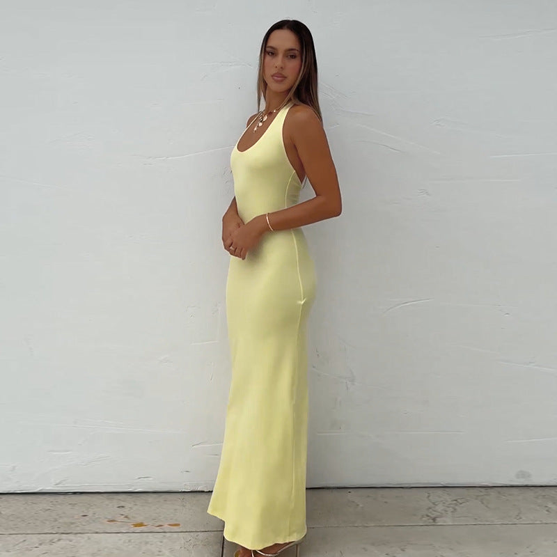 Damen bodenlanges Sommerkleid mit figurbetontem Schnitt und elegantem U-Boot-Ausschnitt EB
