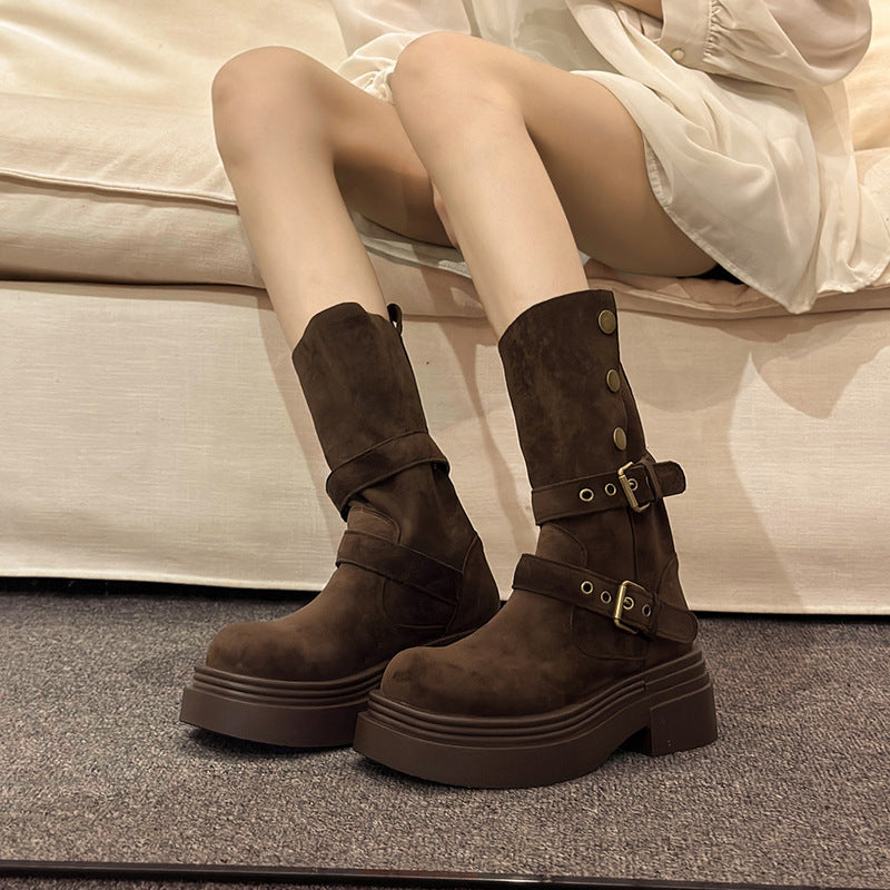 Damen Chunky Stiefel mit modischem Schnallen-Design und robuster Sohle