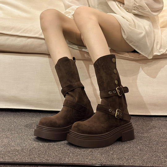 Damen Chunky Stiefel mit modischem Schnallen-Design und robuster Sohle R&B