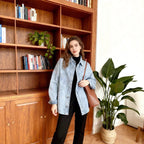 Damen nan oversized Jeanshemd mit aufgesetzten Brusttaschen, leichter Baumwoll-Denim und abgerundetem Saum R&B