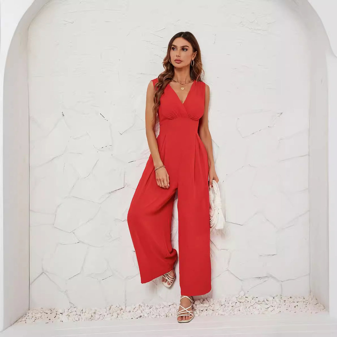 Damen Jumpsuit mit V-Ausschnitt und weitem Bein R&B
