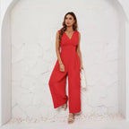 Damen Jumpsuit mit V-Ausschnitt und weitem Bein R&B