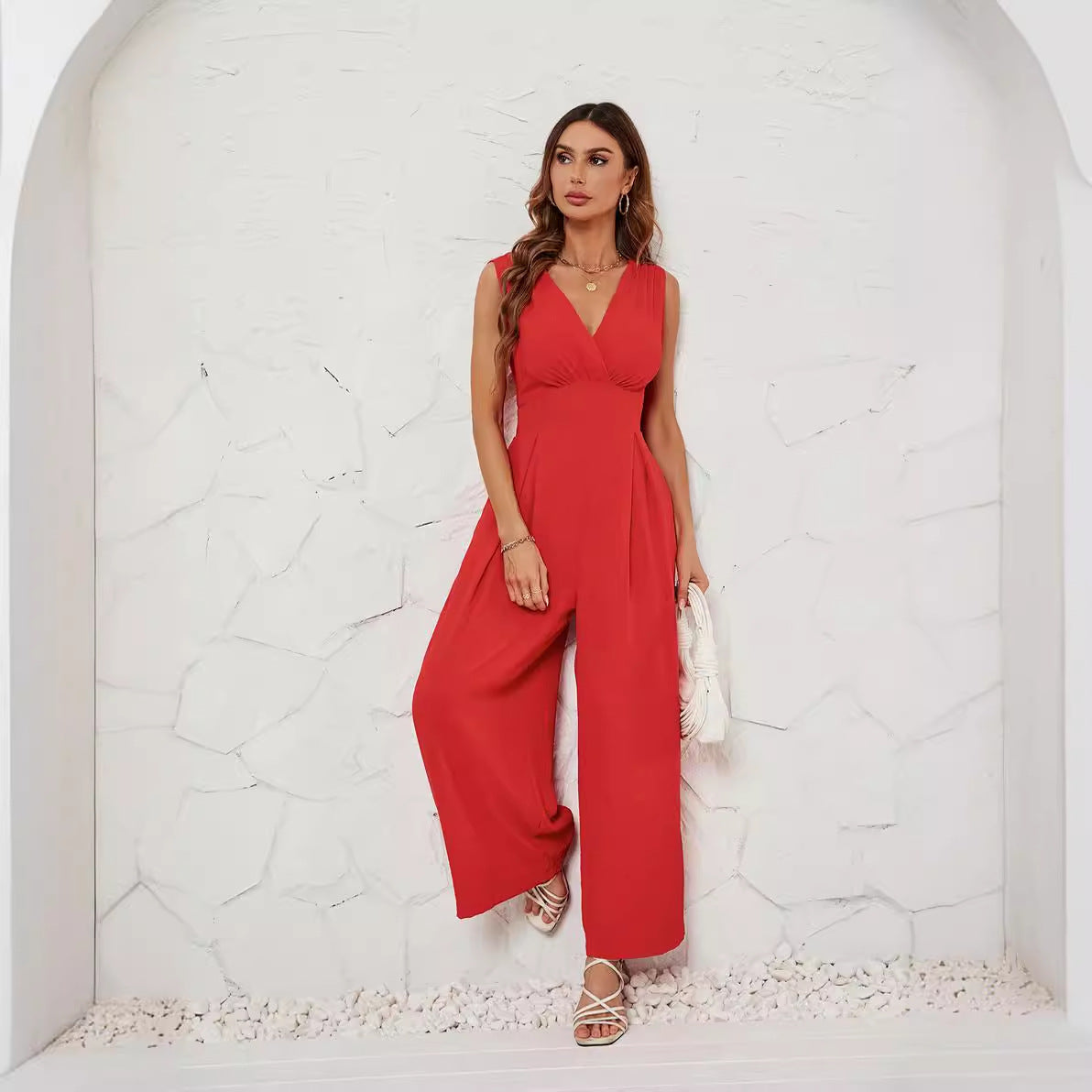 Damen Jumpsuit mit V-Ausschnitt und weitem Bein R&B