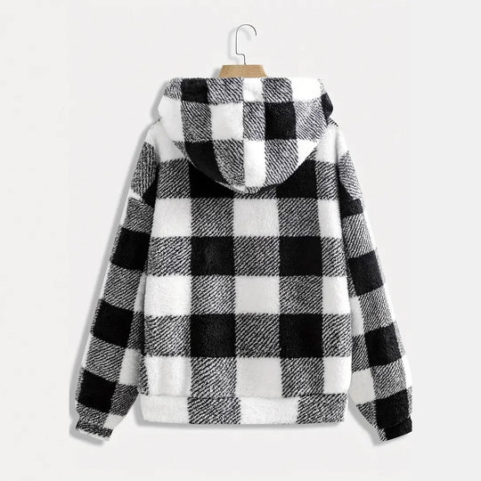 Damen Flauschige Kapuzenjacke im Karomuster R&B