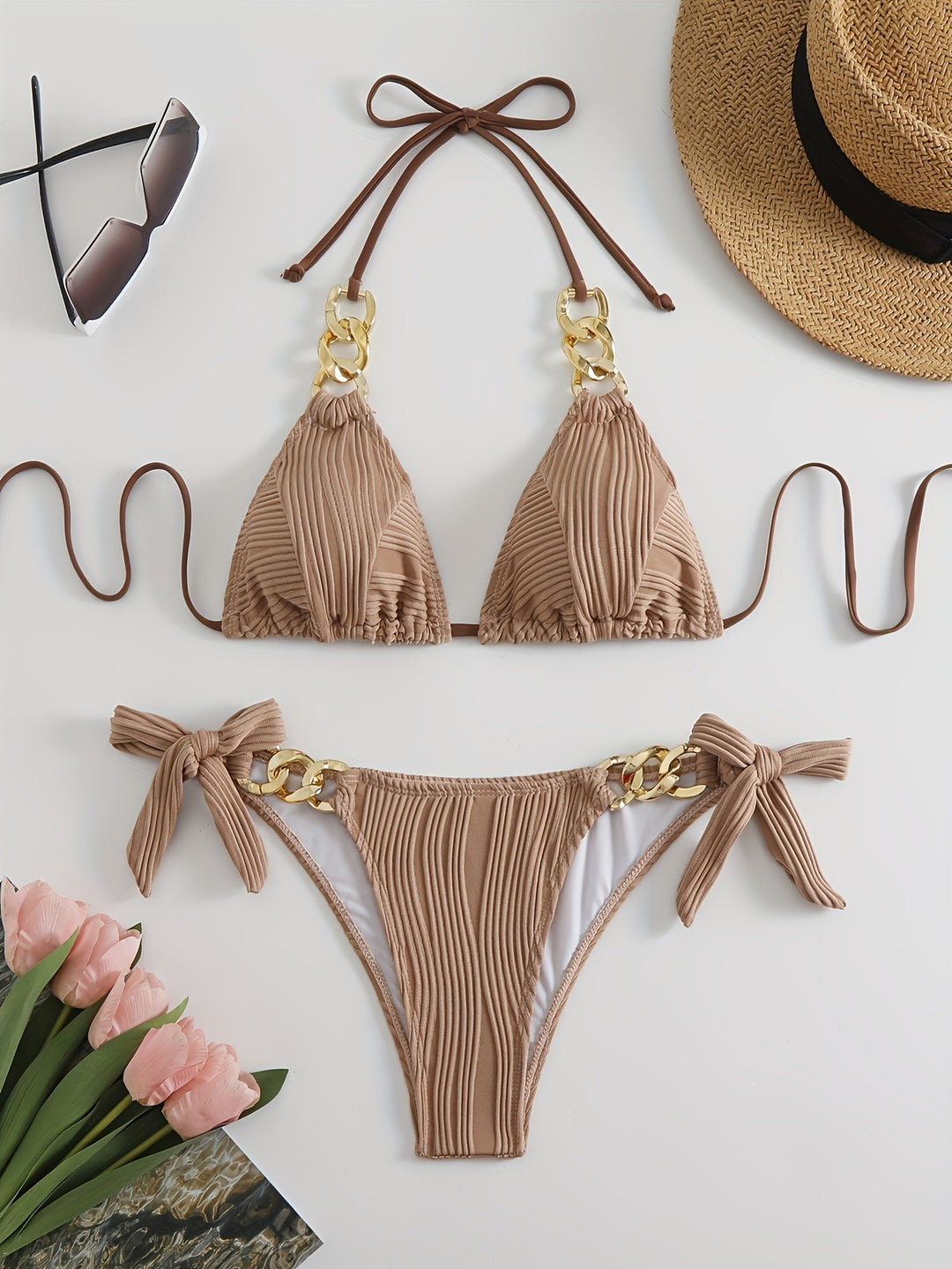 Damen Bikiniset mit luxuriösen Rüschen und goldenen Kettenakzenten R&B